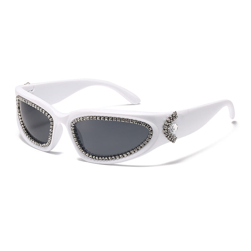 Rhinestone Wrap Around Sport Sunglasses - White