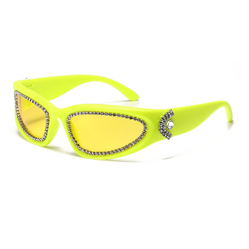 Rhinestone Wrap Around Sport Sunglasses - Yellow