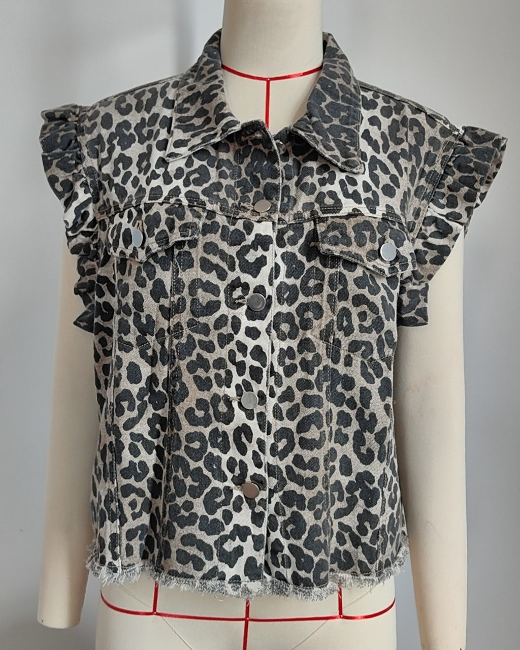 Frayed Hem Flutter Sleeve Denim Vest - Leopard