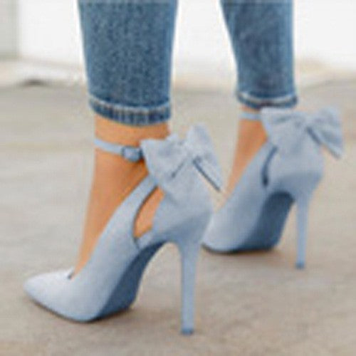 Bow Back Ankle Strap Pointed Toe Pumps - Light Blue