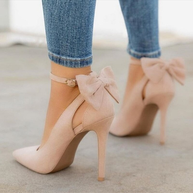 Bow Back Ankle Strap Pointed Toe Pumps