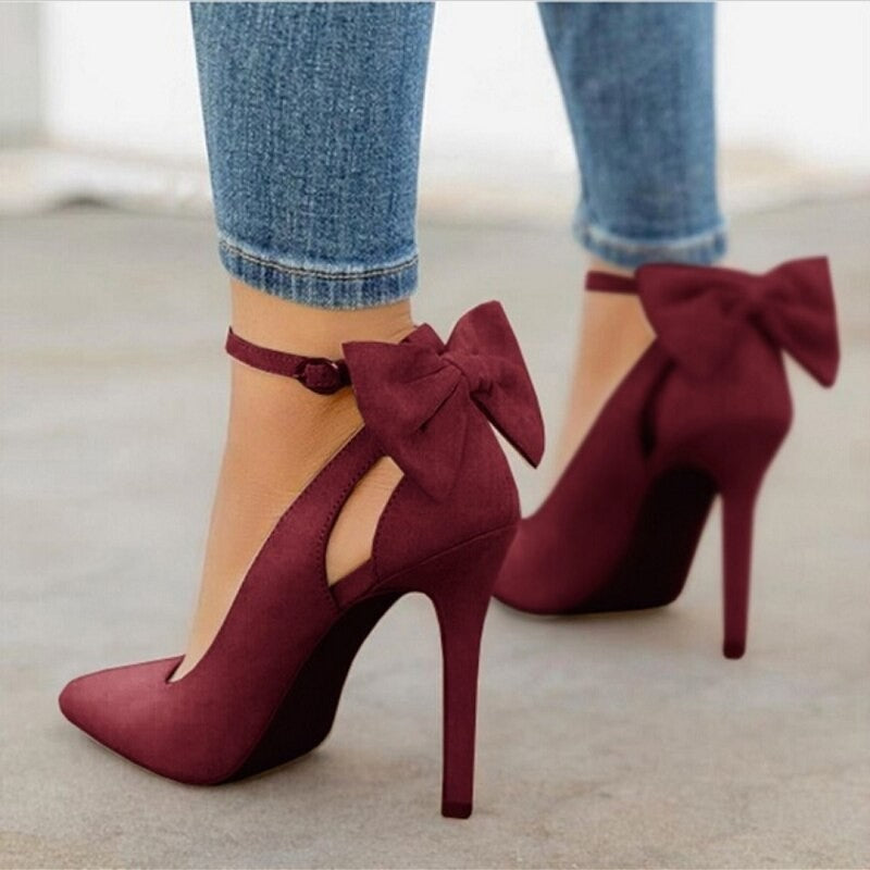 Bow Back Ankle Strap Pointed Toe Pumps