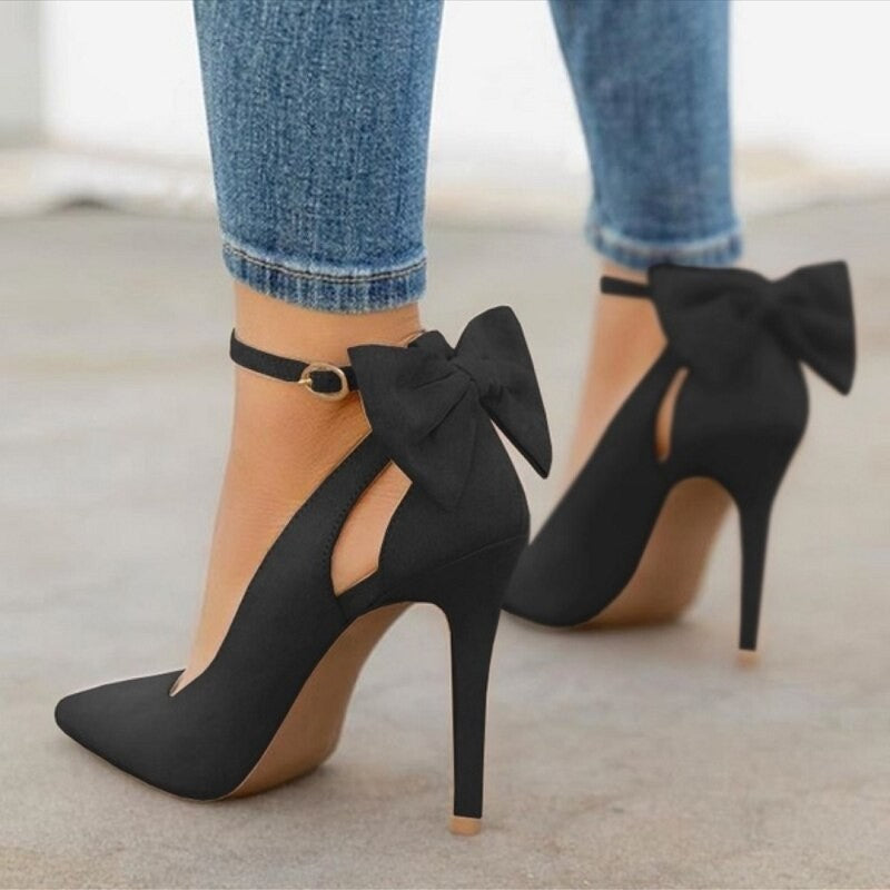 Bow Back Ankle Strap Pointed Toe Pumps