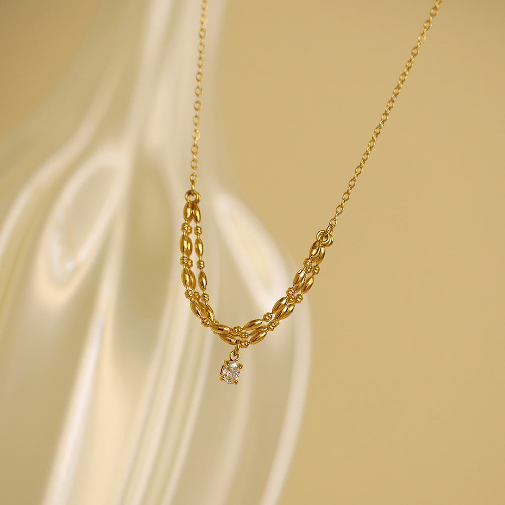 Curved Chain Necklace With Crystal Drop - Gold