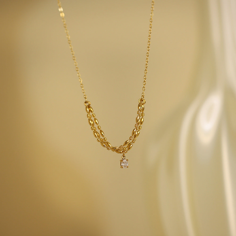 Curved Chain Necklace With Crystal Drop - Gold - 1
