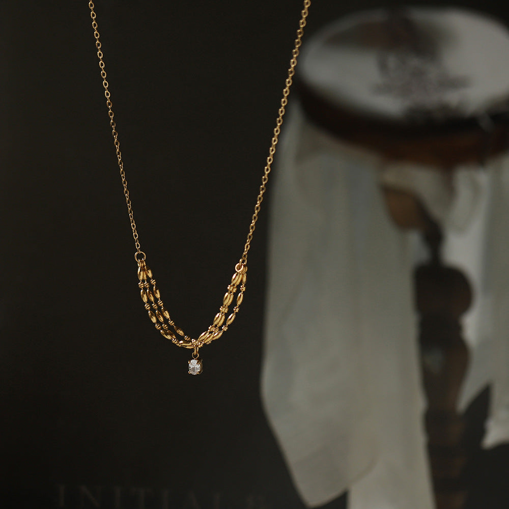 Curved Chain Necklace With Crystal Drop - Gold - 2