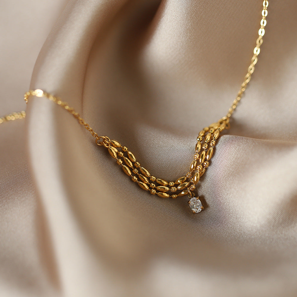 Curved Chain Necklace With Crystal Drop - Gold - 3