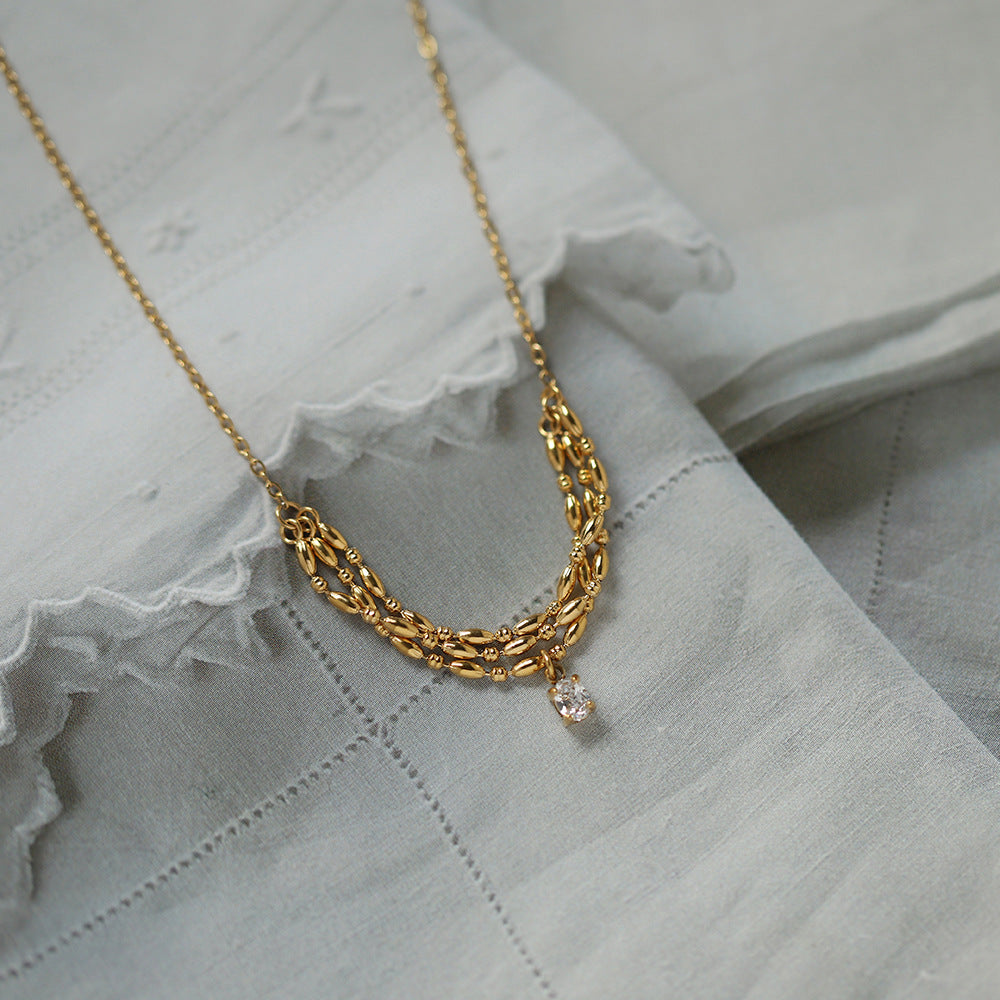Curved Chain Necklace With Crystal Drop - Gold - 5