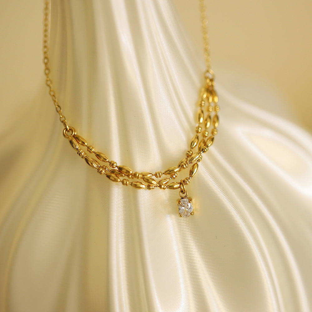 Curved Chain Necklace With Crystal Drop - Gold - 6