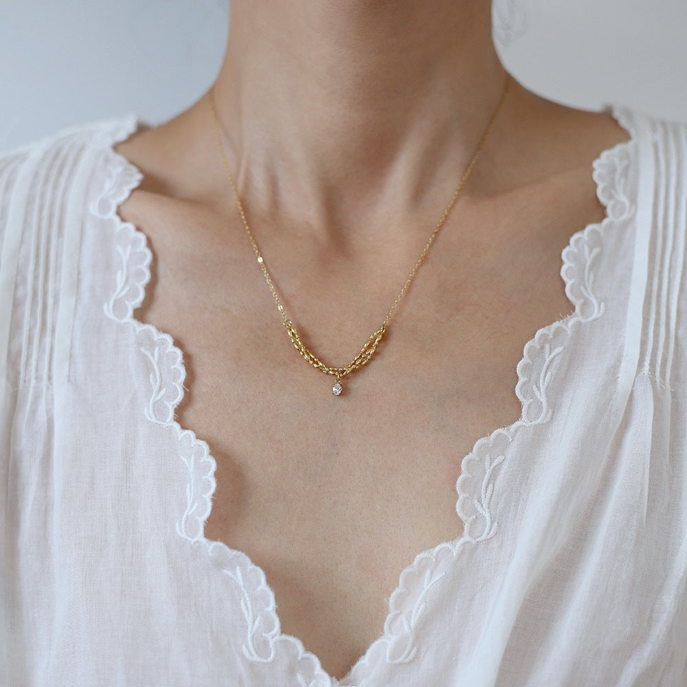 Curved Chain Necklace With Crystal Drop - Gold - 7