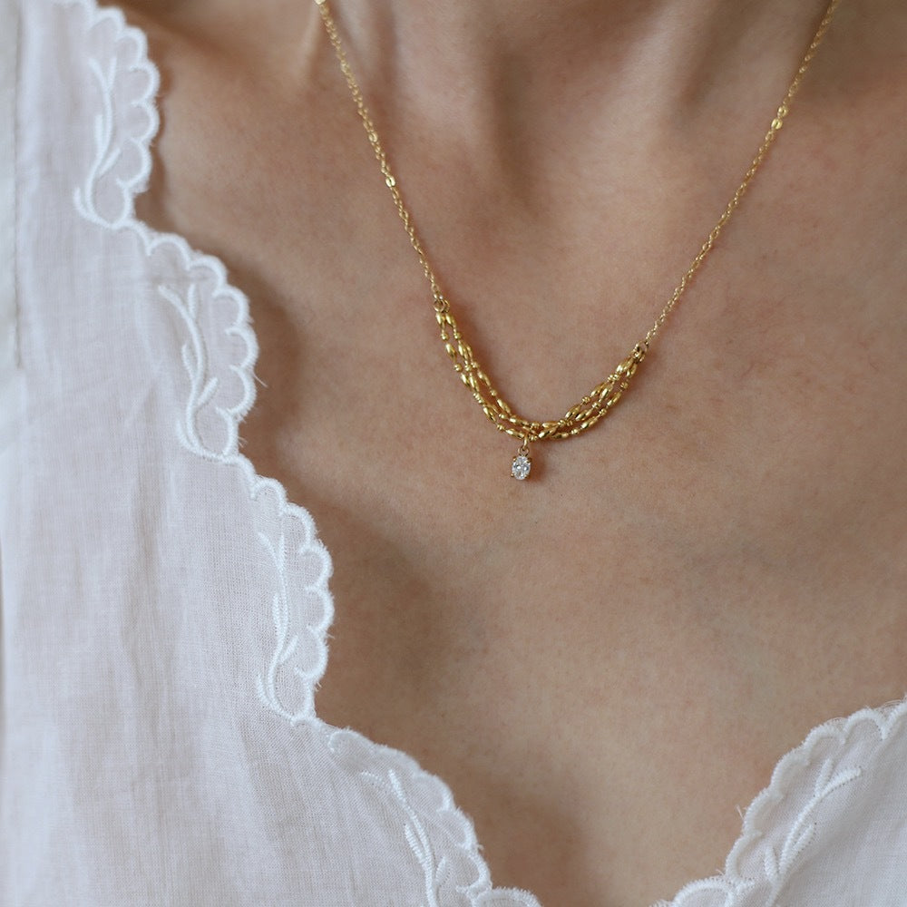 Curved Chain Necklace With Crystal Drop - Gold - 8