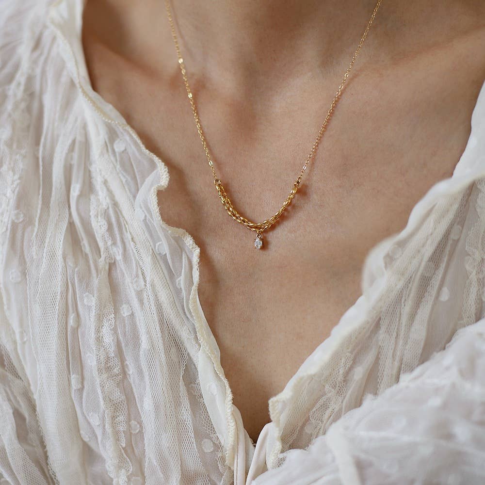 Curved Chain Necklace With Crystal Drop