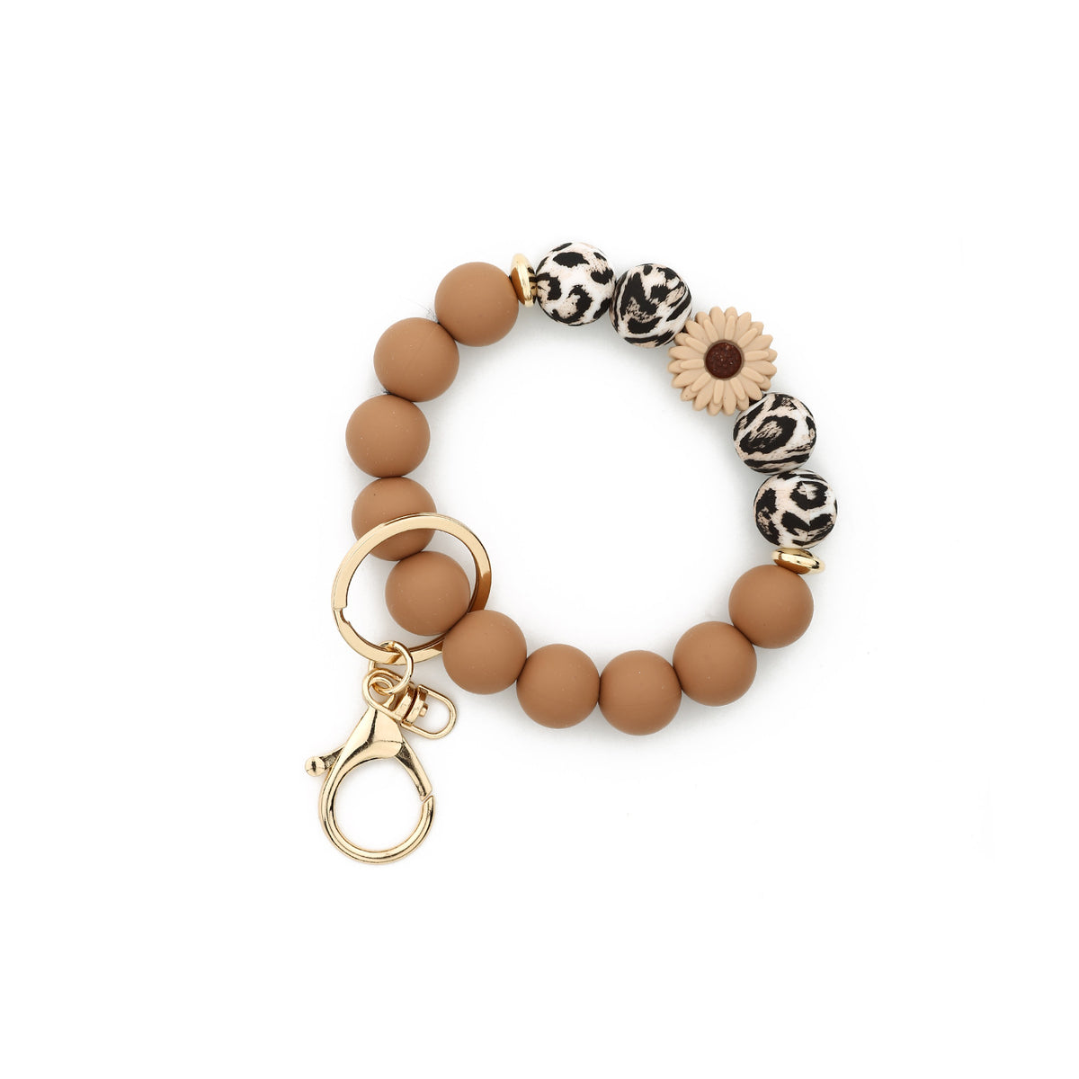 Leopard Bead Wristlet Keychain With Daisy Charm - Khaki