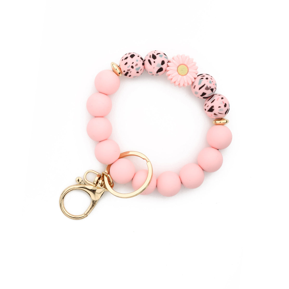 Leopard Bead Wristlet Keychain With Daisy Charm - Pink-1