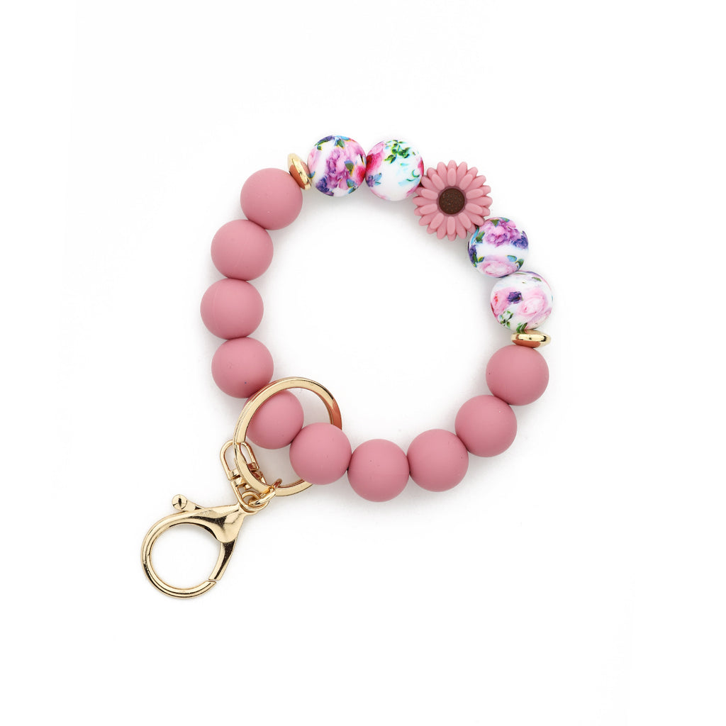 Leopard Bead Wristlet Keychain With Daisy Charm - Pink-2