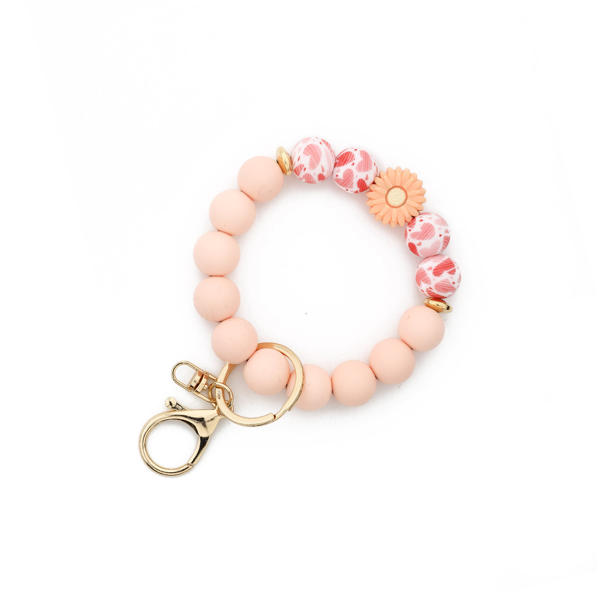 Leopard Bead Wristlet Keychain With Daisy Charm - Pink-3
