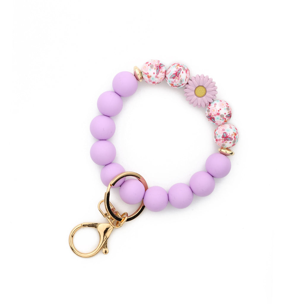Leopard Bead Wristlet Keychain With Daisy Charm - Purple