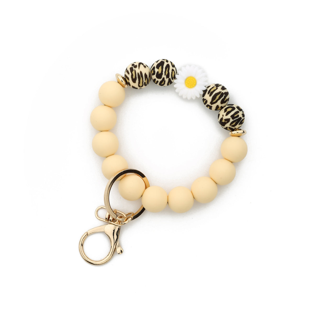 Leopard Bead Wristlet Keychain With Daisy Charm - Yellow