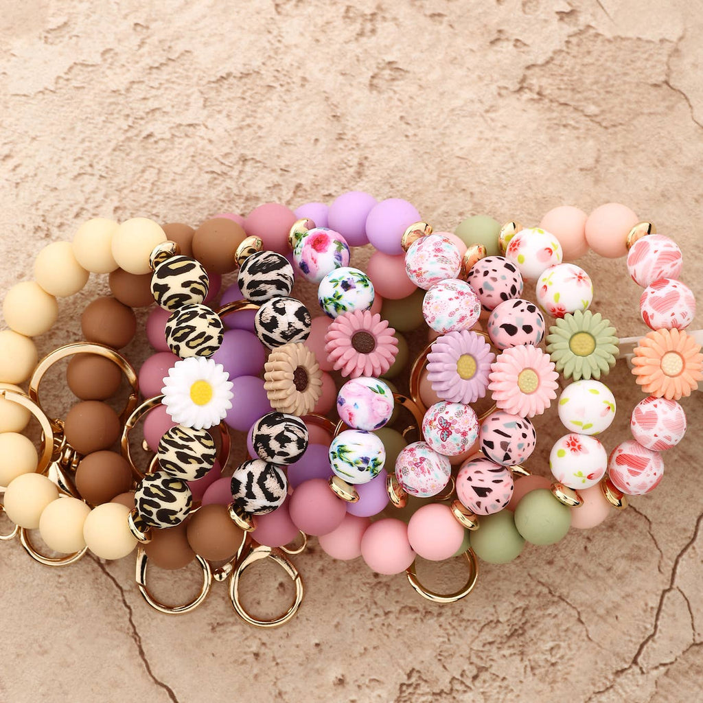 Leopard Bead Wristlet Keychain With Daisy Charm