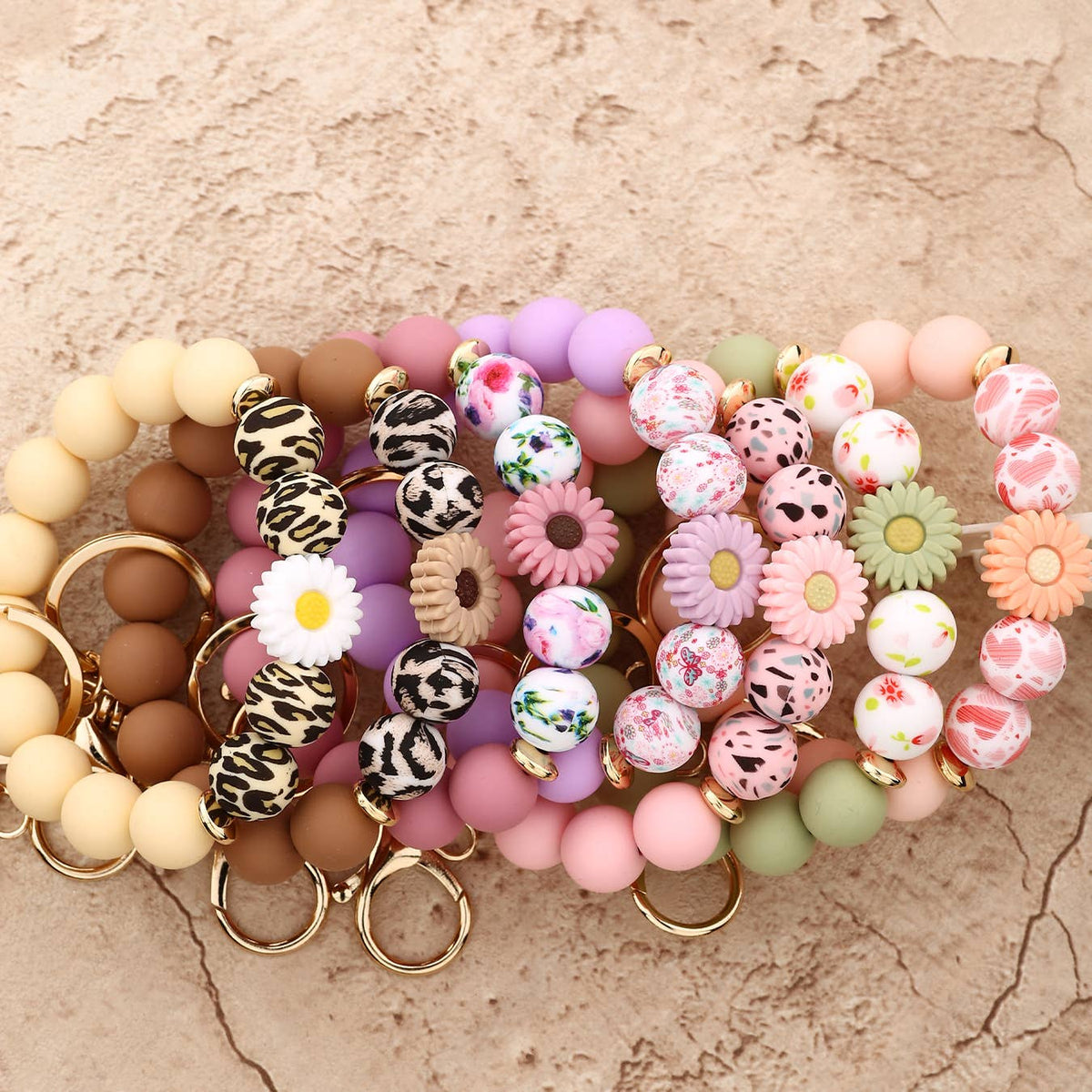 Leopard Bead Wristlet Keychain With Daisy Charm