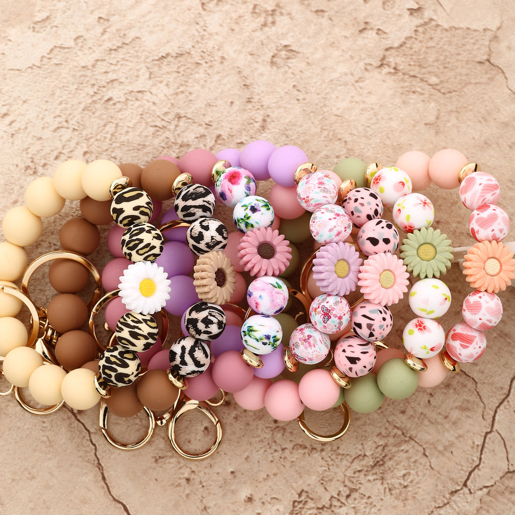 Leopard Bead Wristlet Keychain With Daisy Charm - view 1