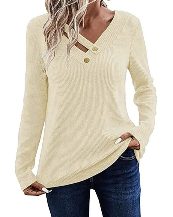 Crossover Button V Neck Long Sleeve Tee - Apricot