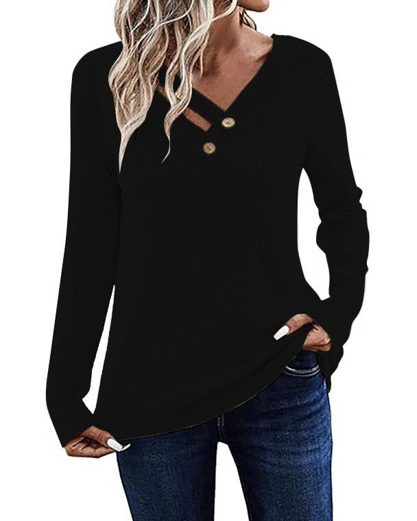 Crossover Button V Neck Long Sleeve Tee - Black