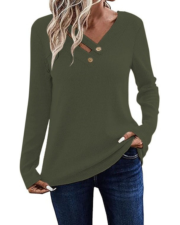 Crossover Button V Neck Long Sleeve Tee - Green