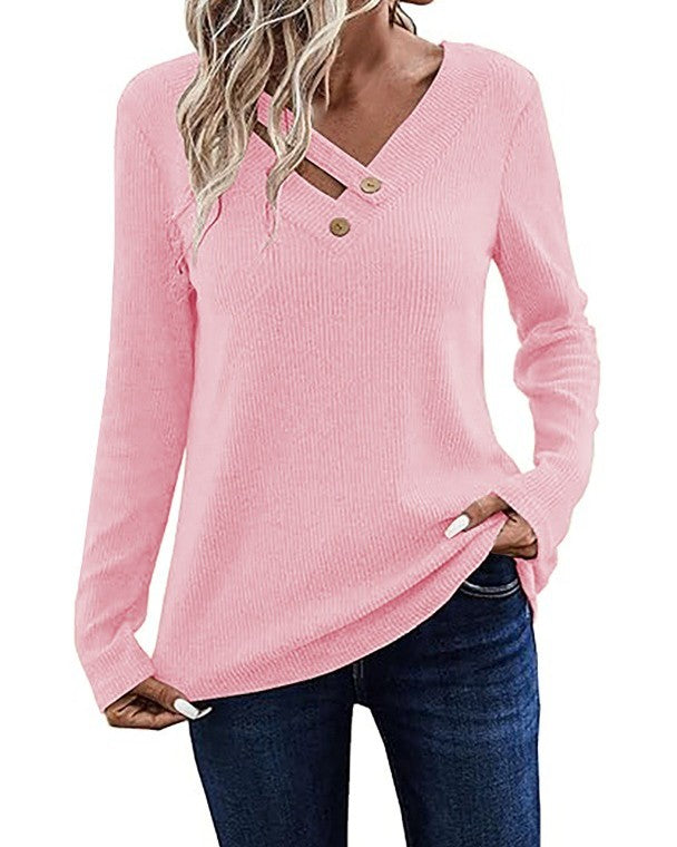 Crossover Button V Neck Long Sleeve Tee - Pink