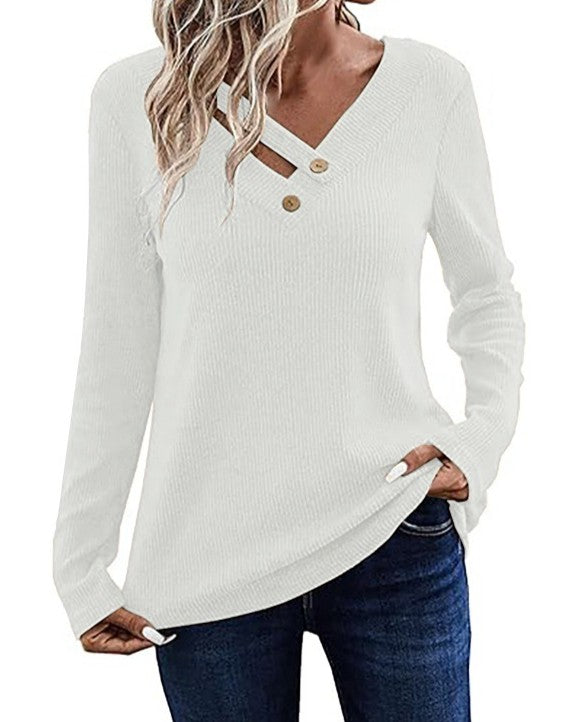 Crossover Button V Neck Long Sleeve Tee - White