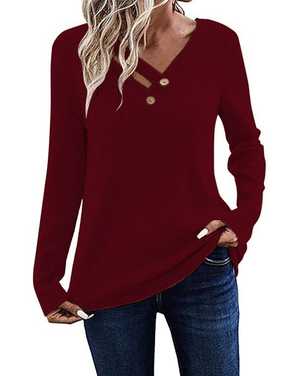Crossover Button V Neck Long Sleeve Tee - Wine-Red - 1