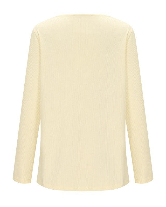 Crossover Button V Neck Long Sleeve Tee - Wine-Red - 2
