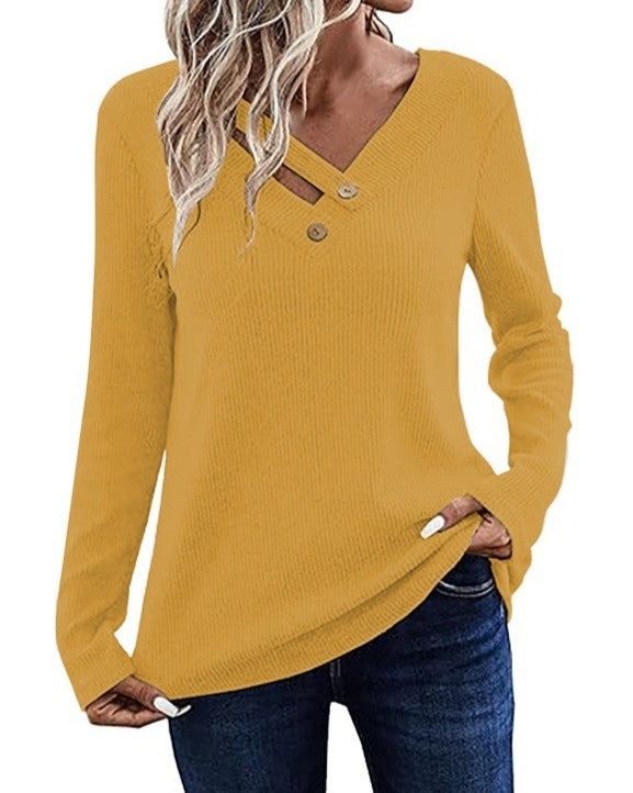 Crossover Button V Neck Long Sleeve Tee - Yellow