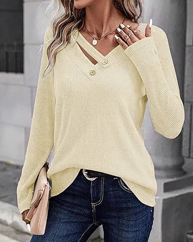 Crossover Button V Neck Long Sleeve Tee