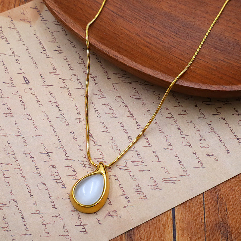 Teardrop Stone Pendant Snake Chain Necklace - Gold - 1
