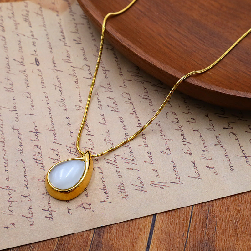 Teardrop Stone Pendant Snake Chain Necklace - Gold - 2