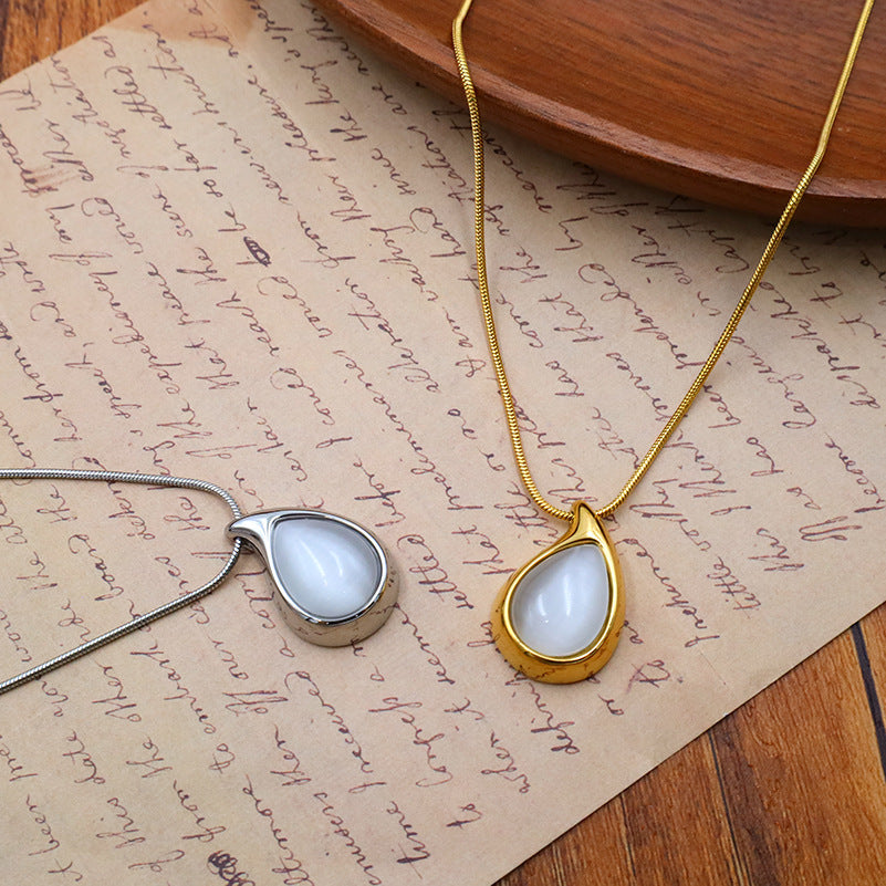 Teardrop Stone Pendant Snake Chain Necklace - Gold - 3