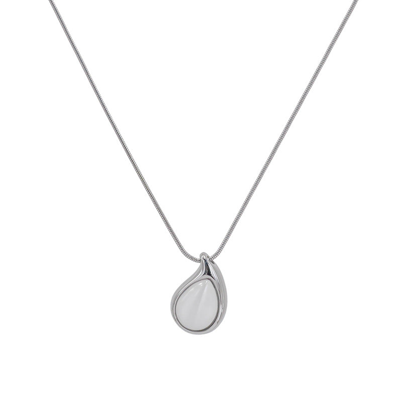 Teardrop Stone Pendant Snake Chain Necklace - Silvery