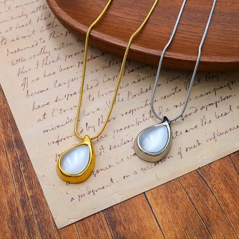 Teardrop Stone Pendant Snake Chain Necklace - Silvery - 2