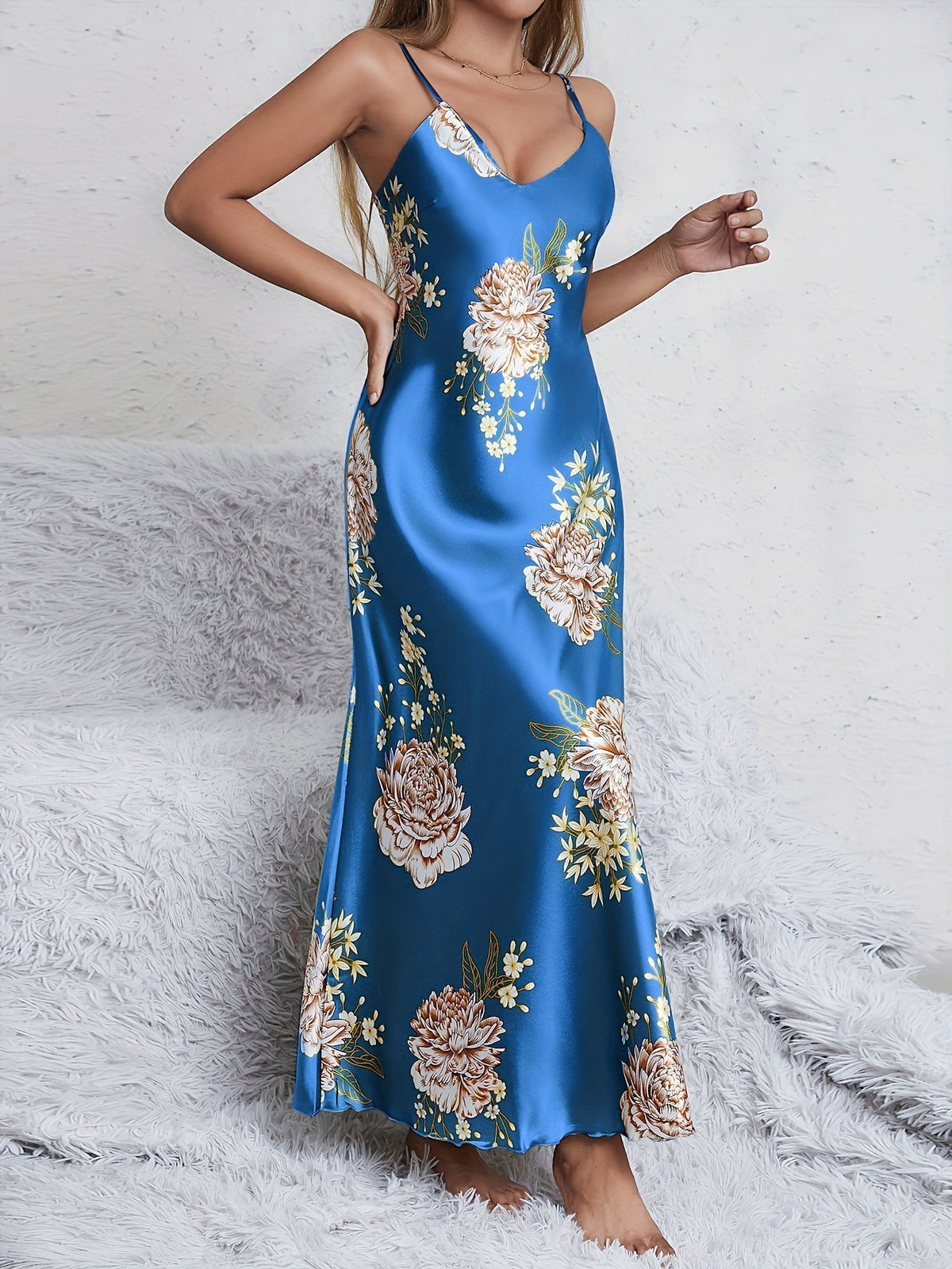 Floral Print Satin V Neck Maxi Slip Nightgown