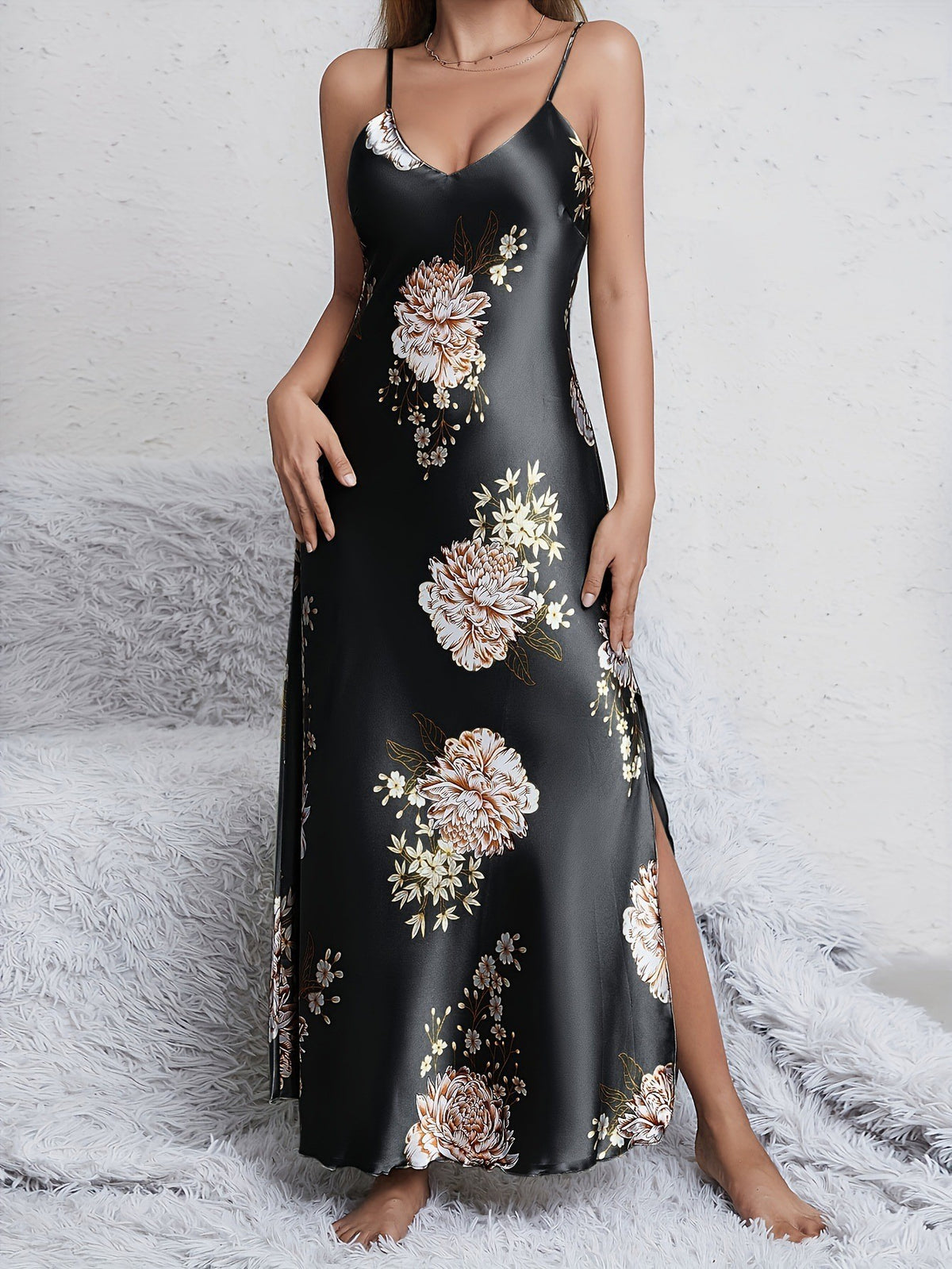 Floral Print Satin V Neck Maxi Slip Nightgown