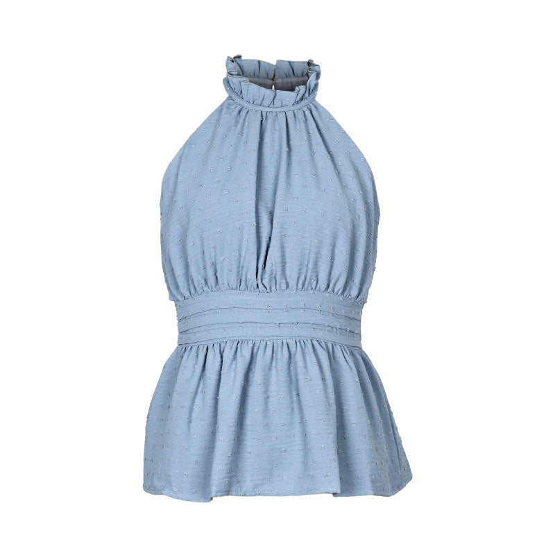 Halter Neck Smocked Waist Peplum Blouse - Blue - 4