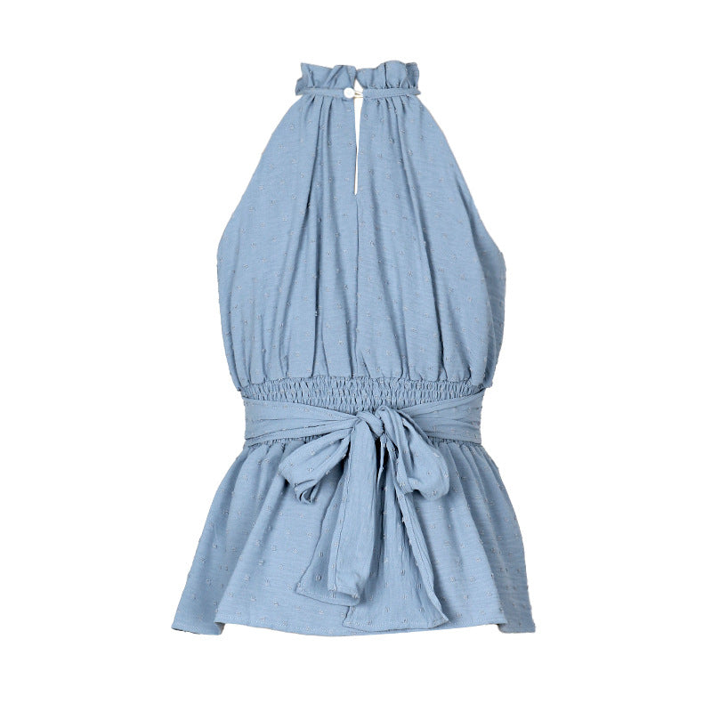 Halter Neck Smocked Waist Peplum Blouse - Blue - 5
