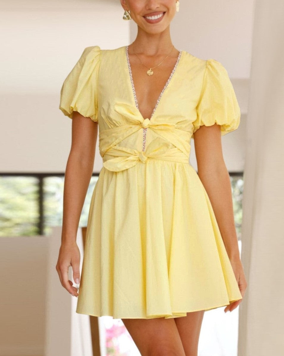 Plunge Neck Puff Sleeve Skater Mini Dress - Yellow