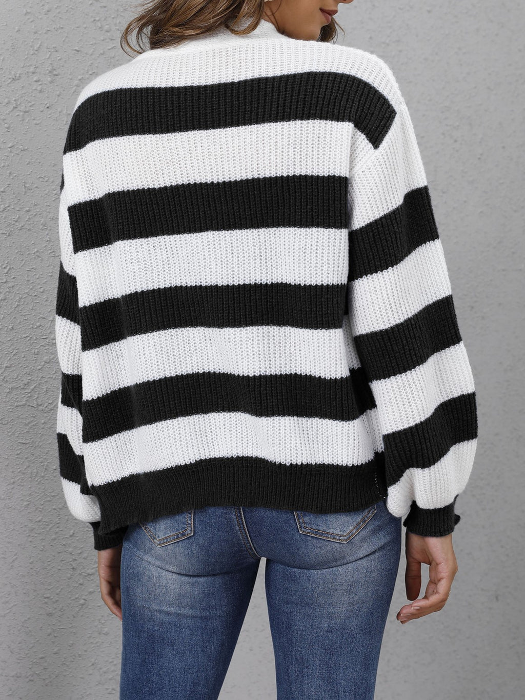 Wide Stripe Button Front V Neck Cardigan - Black - 2