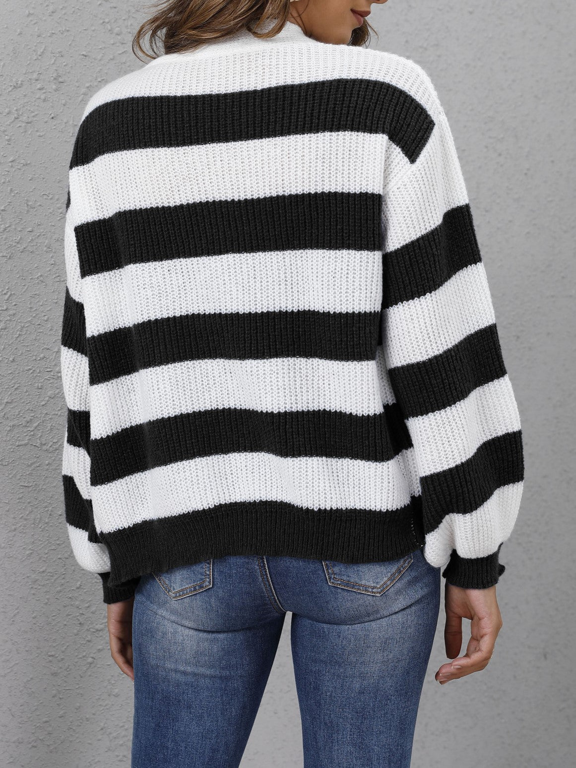 Wide Stripe Button Front V Neck Cardigan - Black - 2