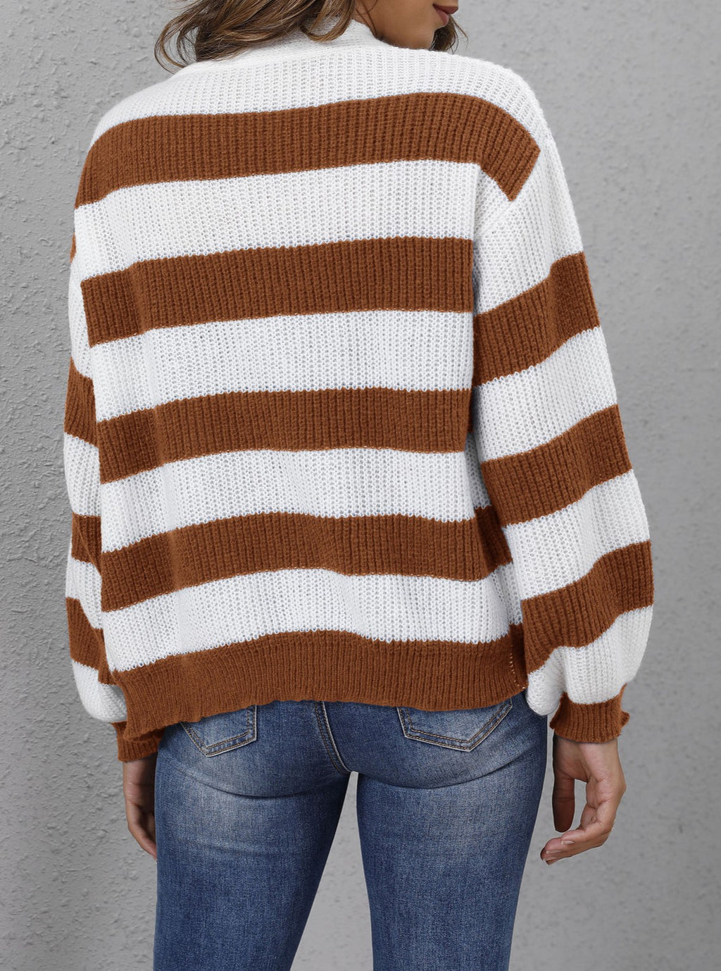 Wide Stripe Button Front V Neck Cardigan - Brown - 1
