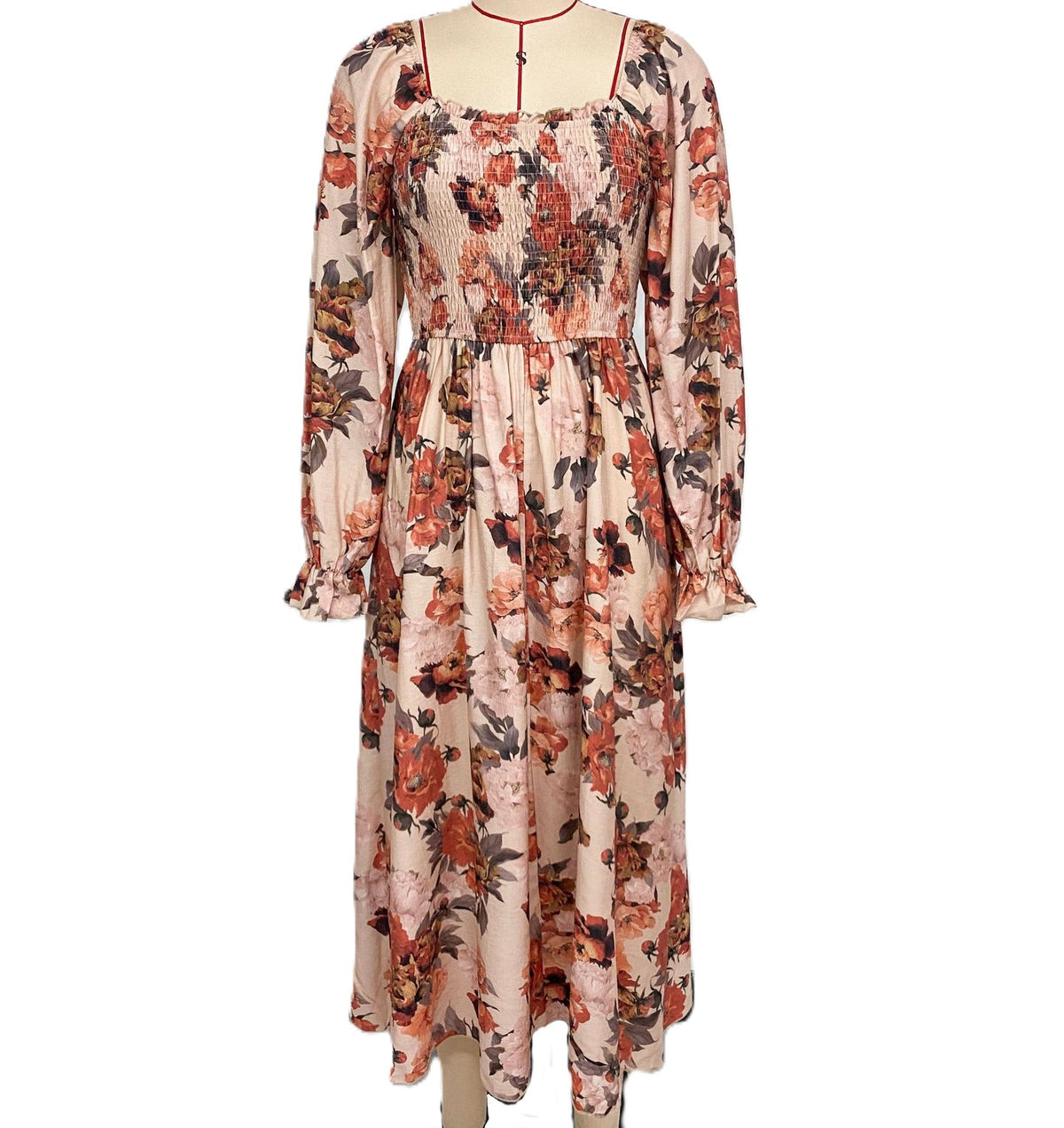 Square Neck Shirred Floral Midi Dress - Apricot