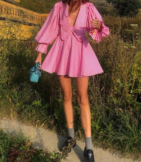 Pink Gingham Ruffle Collar Mini Dress - Pink - 3