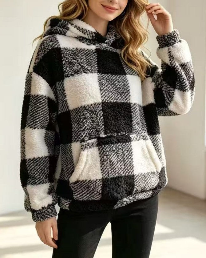 Buffalo Check Sherpa Pullover Sweatshirt - Black
